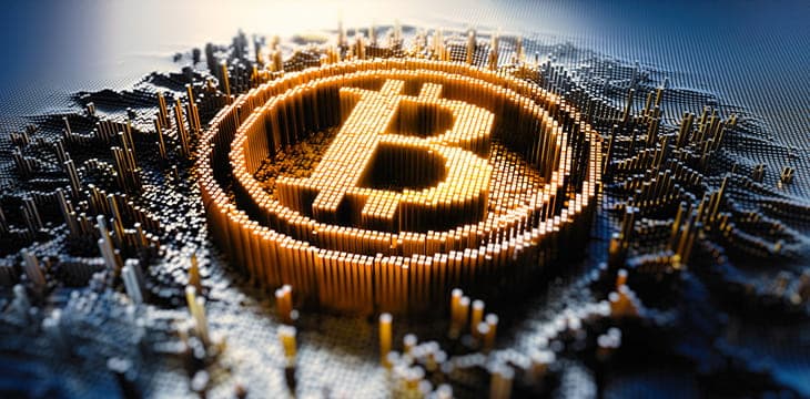 Bitcoin Logo in 3D background layout of blocks