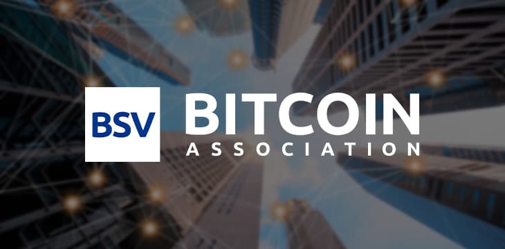 Bitcoin Association with view of city and skyscrapers from below